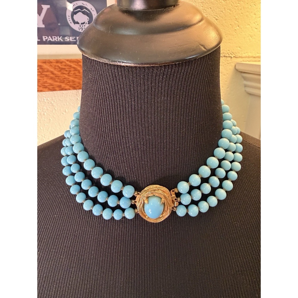 Vtg Philip Hulitar Robin Egg Blue Glass Bead 3 Strand Choker Necklace Signed